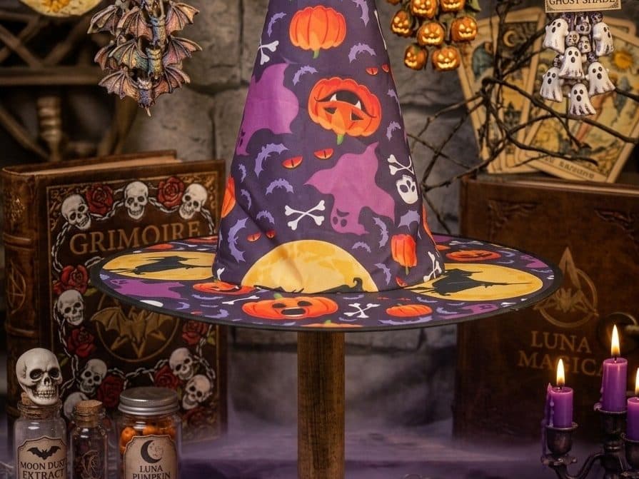 Chapéu de bruxa estampado com abóboras, vendido na Comemorando Festas para o Halloween